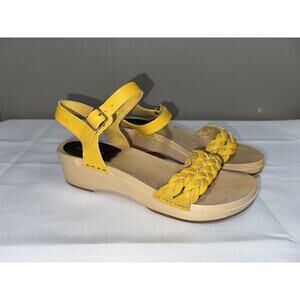Swedish Hasbeens 8 Tanja Debutant Yellow Leather Strappy Wooden Clogs Sandals 38